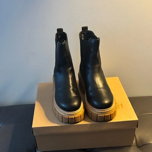 Black Leather Lug Ankle Boots with Tan Soles - Picture 3 of 4